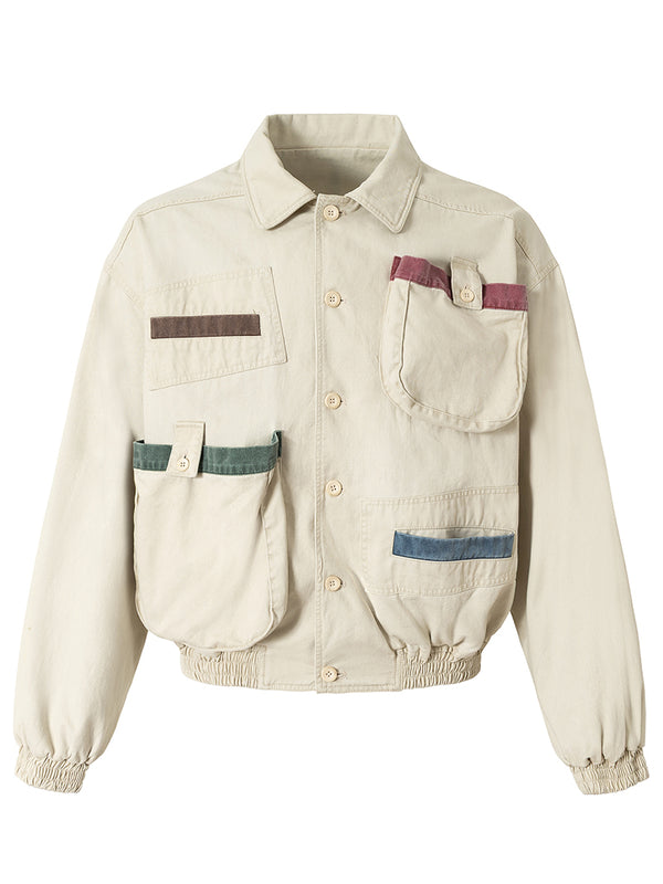 Color Block Multi-Pocket Cropped Utility Jacket – Beige, 100% Cotton, M-XXL