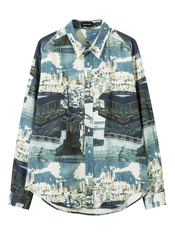 Urban Cityscape Print Oversized Button Up Shirts Jackets