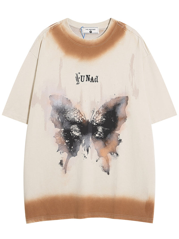 High Street Vintage Butterfly Printed Gradient Spray Dyeing Graphic Tshirts