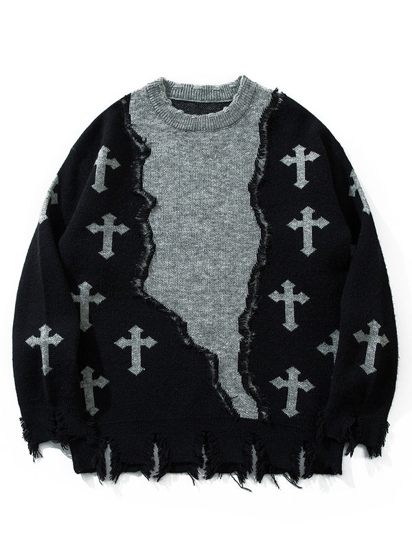 Streetwear Color Block Ripped Gothic Knitted Pullover Sweaters