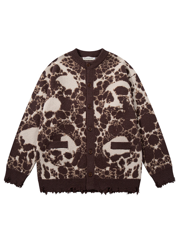Skull Pattern Knitted Cardigan – Distressed Streetwear Sweater