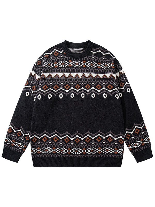 Knitted Sweater – Vintage Geometric Pattern, Casual Warm Pullover