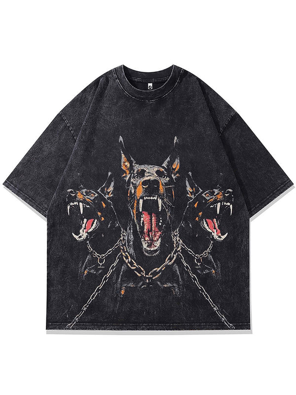 Vintage Doberman Dog Graphic Print Punk Gothic Washed Tshirts