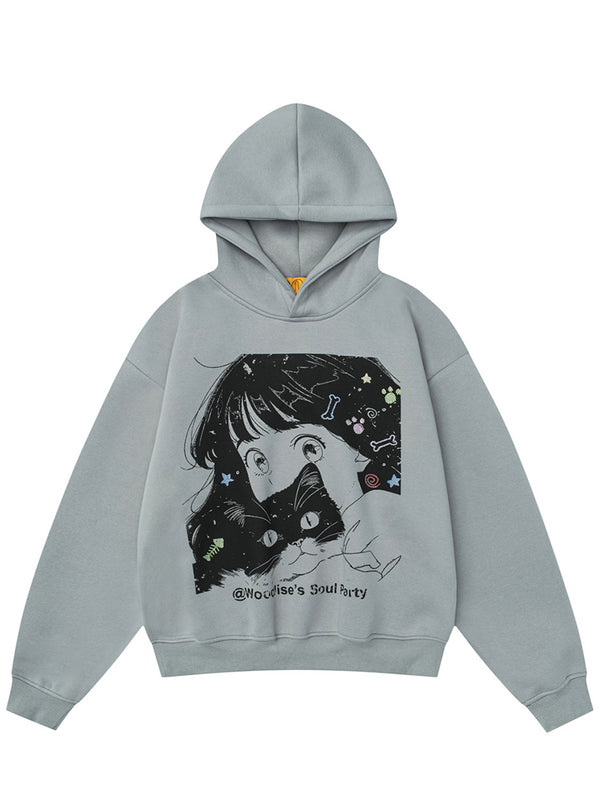 Oversized Hoodie with Cute Cat & Girl Graphic, Casual Streetwear Pullover