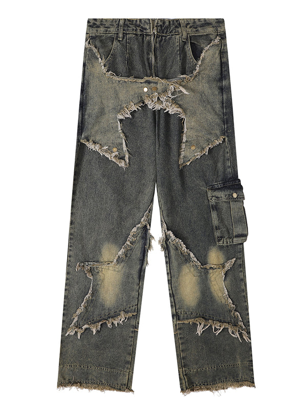 Distressed Ripped Hole Star Patch Cotton Denim Pants Jeans