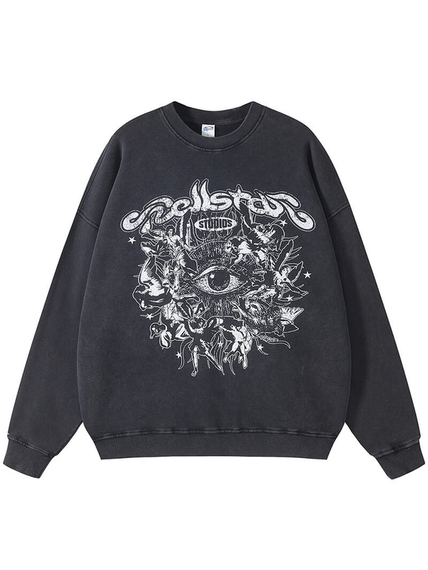 Evil Eye Graphic Print Distressed Streetwear Washed Sweatshirts