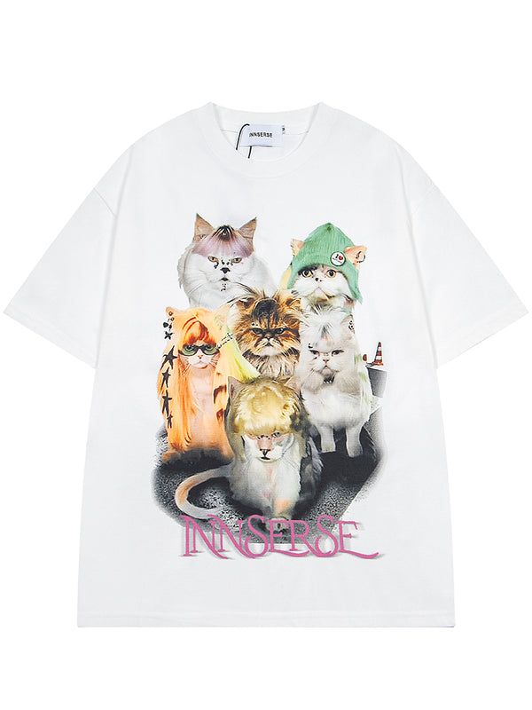 Oversized Stylish Cat Graphic T-Shirt Streetwear Casual Cotton Tees