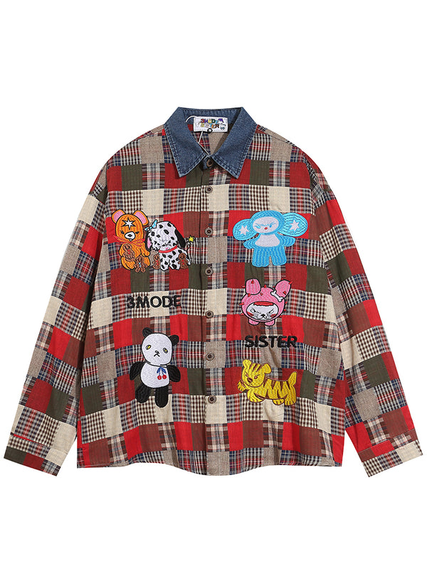 Cute Cartoon Embroidery Vintage Patchwork Plaid Shirts