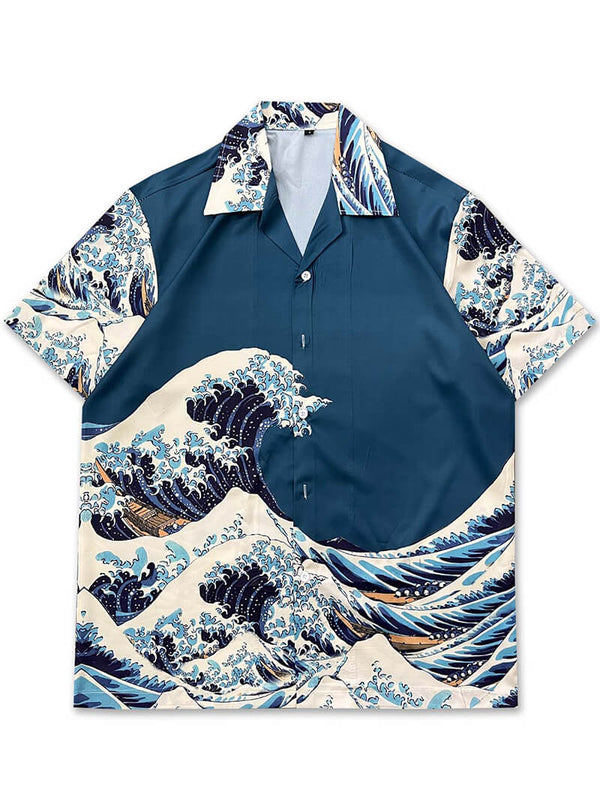 Japanese Style Ukiyo-e Great Wave Graphic Print Button Up Shirts