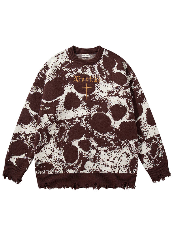 Distressed Oversized Skull Pattern Sweater – Streetwear Knit Pullover