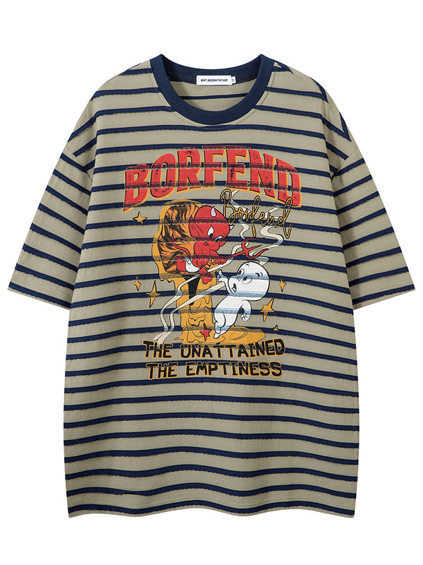 Oversized Striped T-Shirt – Retro Cartoon Graphic, Casual Streetwear
