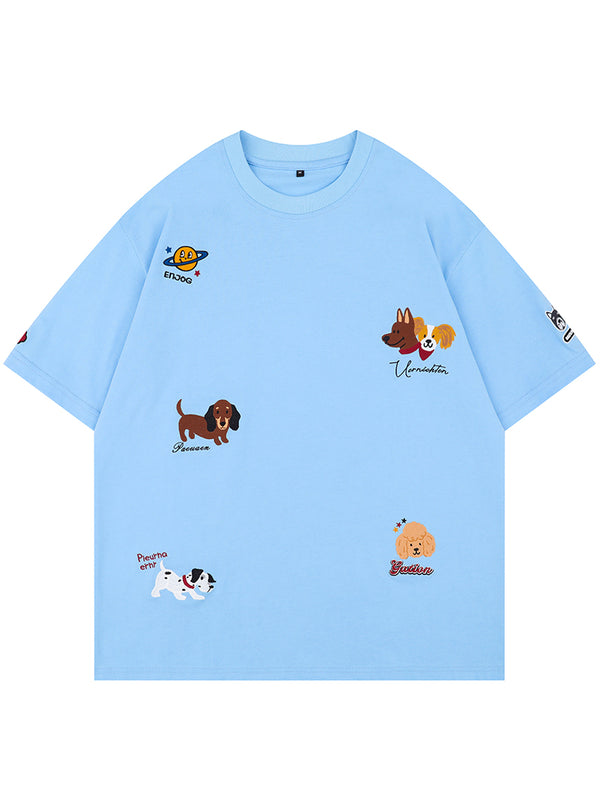 Embroidered Cartoon Dog Graphic T-Shirt – Oversized Casual Fit