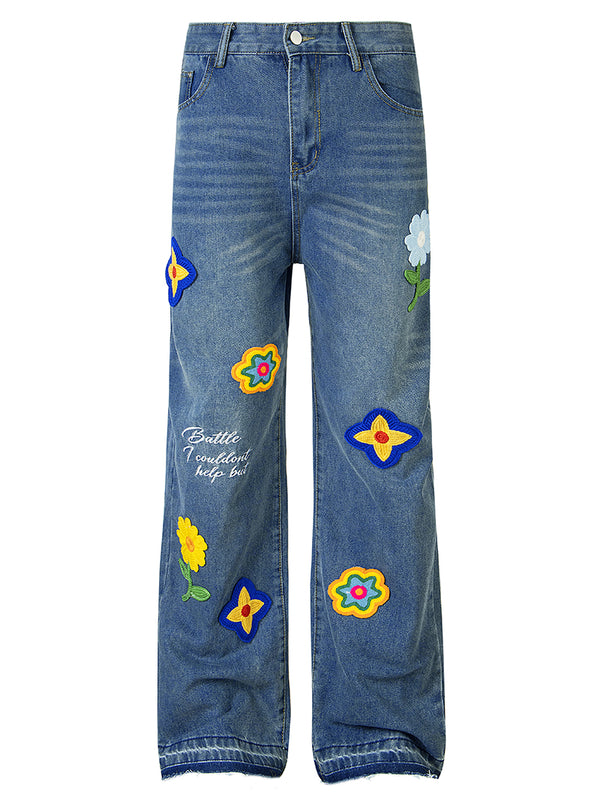 Scratch Embroidered Floral Wide Leg Washed Denim Pants Jeans