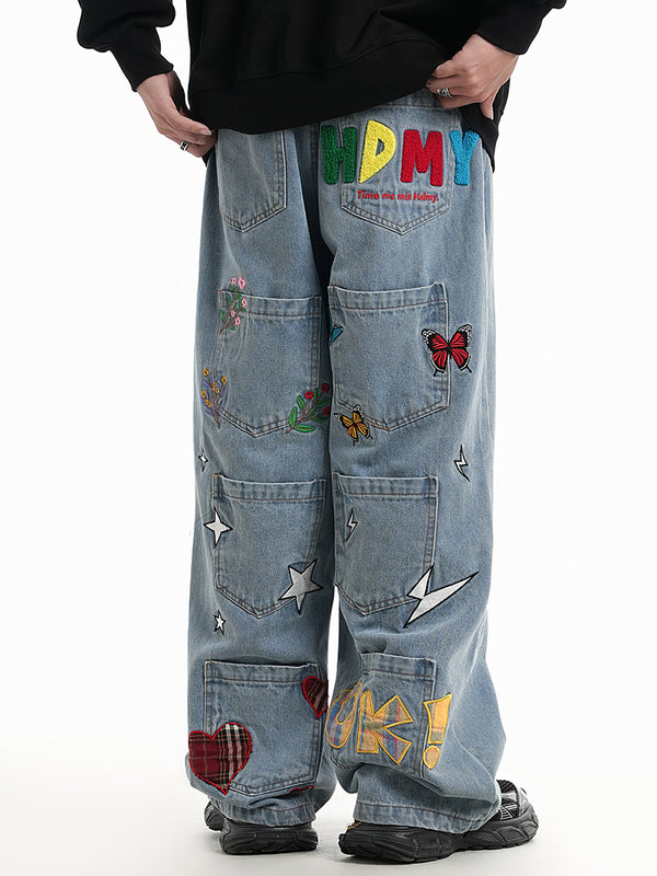 Embroidered Patchwork Denim Pants Multiple Pockets Jeans