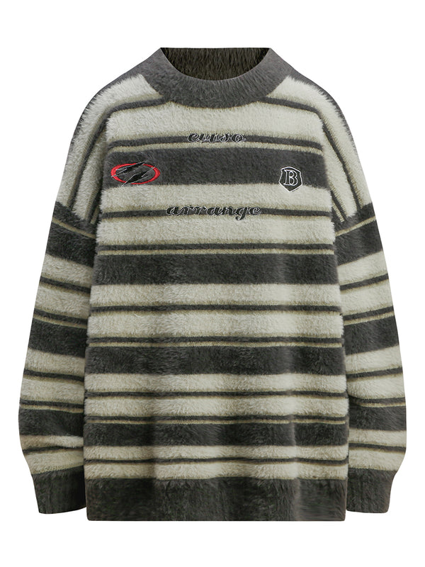 Streetwear Striped Oversized Knitted Sweaters Soft Fuzzy Knitwear