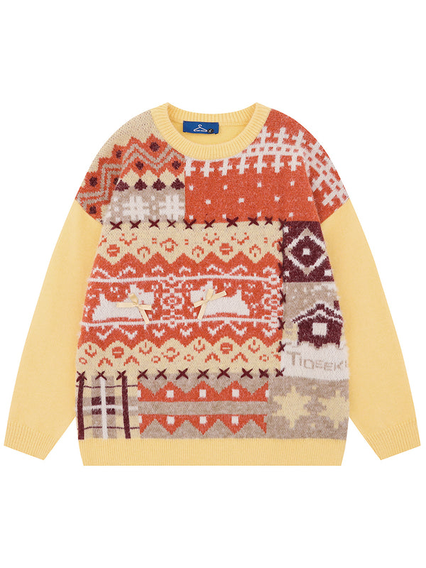 Streetwear Vintage Patchwork Knitted Sweaters Color Block Pullovers
