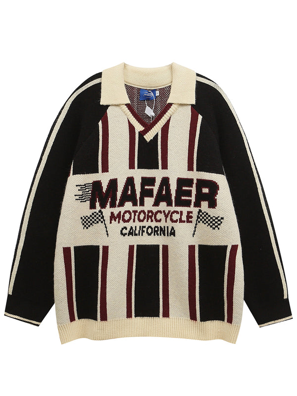 Vintage Striped Racing Design Knitted Pullover Sweaters