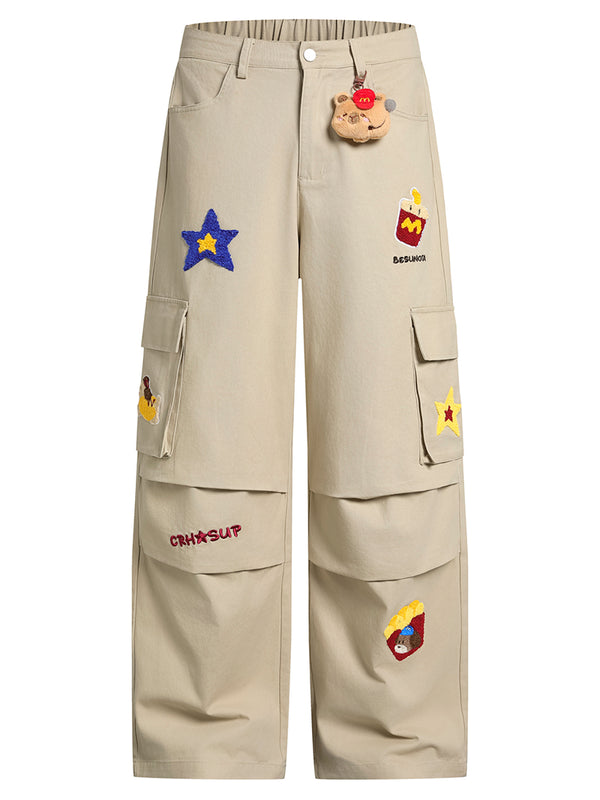 Cartoon Embroidered Cargo Pants – 100% Cotton Streetwear Trousers