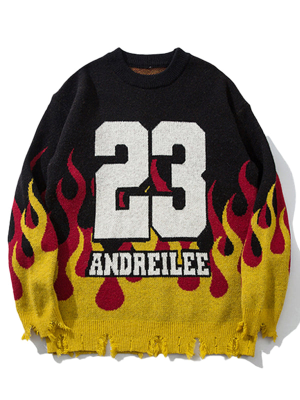 Streetwear Fire Flame Graphic Jacquard Knitted Pullover Sweaters