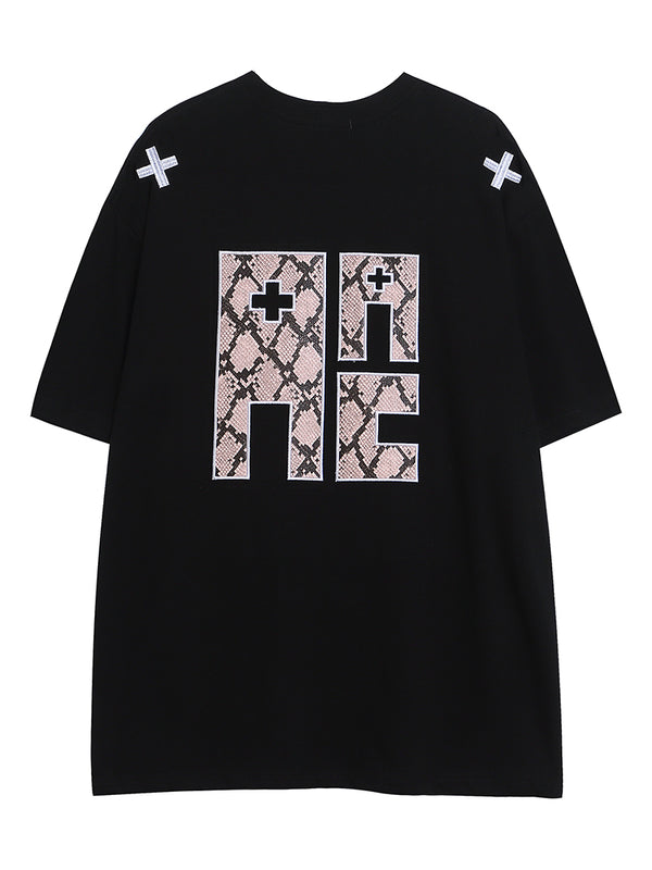 Oversized Streetwear T-Shirt with Faux Snakeskin Patchwork Design