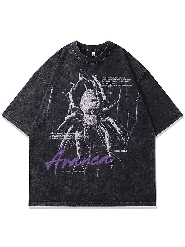 Spider Letter Grapihc Print Punk Gothic Washed Tshirts