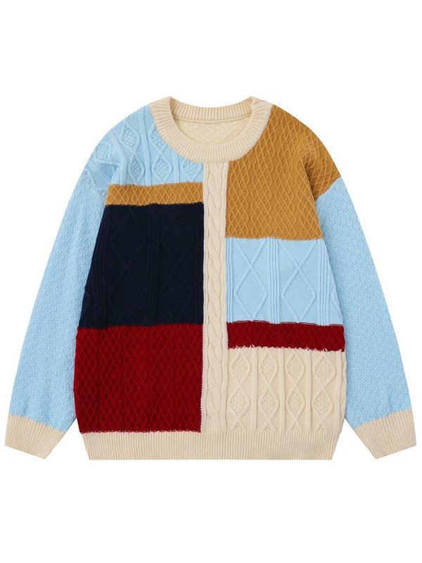 Color Block Patchwork Knitted Sweaters – Oversized Casual Pullovers