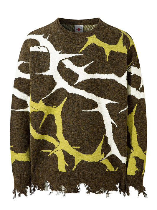 Abstract Thorn Pattern Distressed Knitted Pullover Sweaters