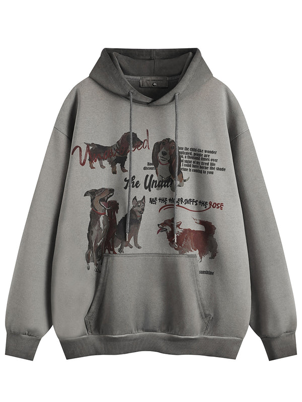 Streetwear Cartoon Dog Printed Oversized Washed Pullover Hoodies