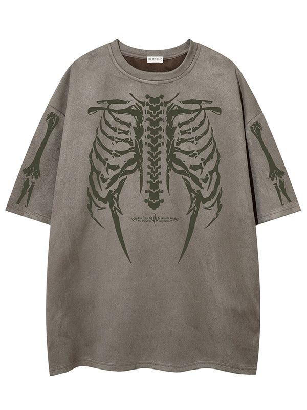 Streetwear Faux Suede Skeleton T-Shirt – Soft Touch Bone Graphic Tee