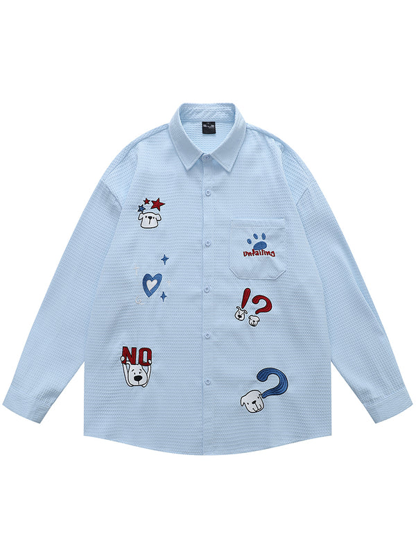 Playful Dog Graphic Waffle Shirts Casual Long Sleeve Streetwear Top
