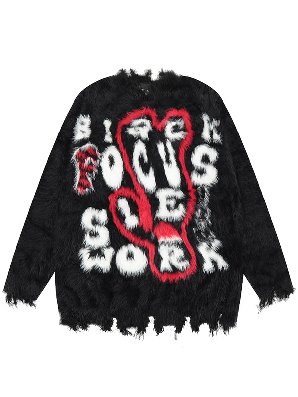 Letter Jacquard Bold Statement Furry Knitted Sweaters Pullovers