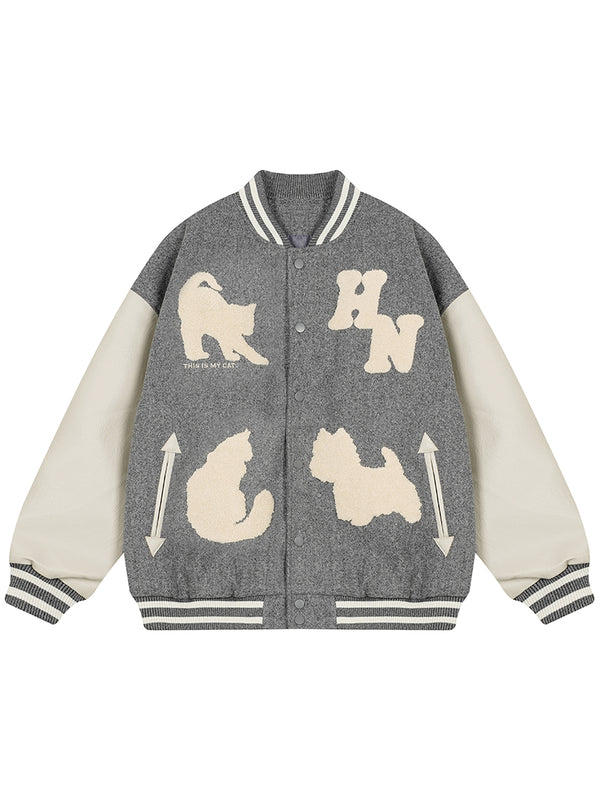 Oversized Varsity Jacket with Cat & Dog Graphic Patchwork Outerwear