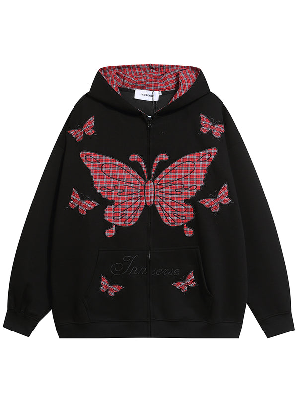 Streetwear Red Plaid Butterfly Patch Embroidery Zip Up Hoodies