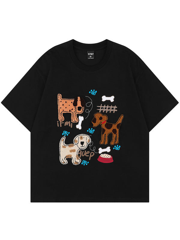 Streetwear Oversized T-Shirt Playful Dog Towel Embroidery 100% Cotton