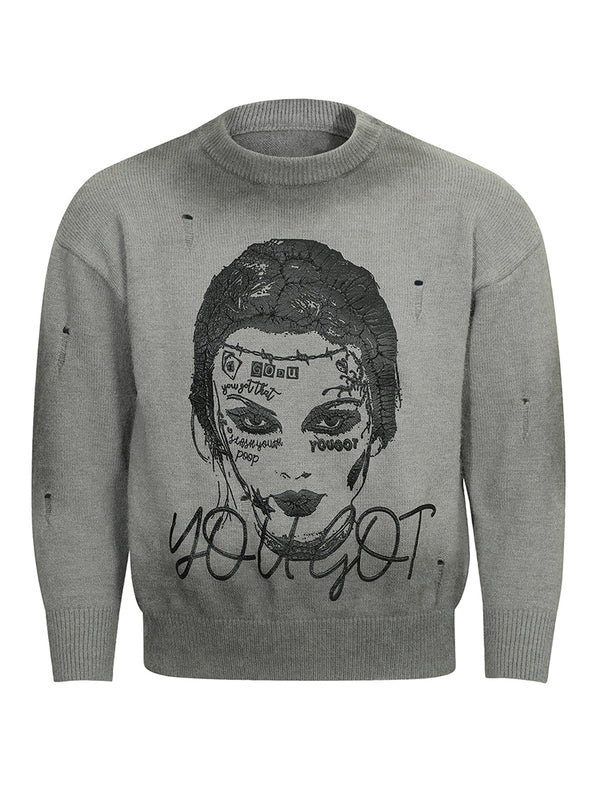 Streetwear Stylish Graphic Print Hole Knitted Pullover Sweaters