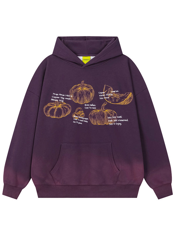 Pumpkin Graphic Embroidery Hoodie with Ombre Hem, Fleece-Lined