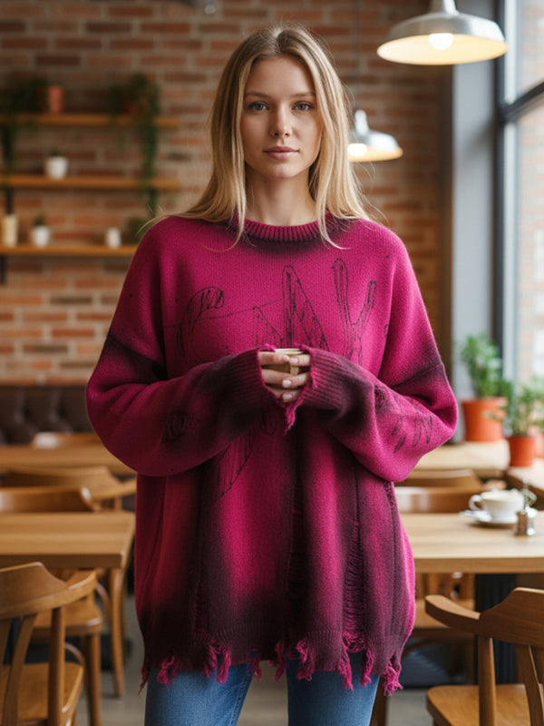 Distressed Graffiti Oversized Knit Sweater - Gradient Streetwear Pullover