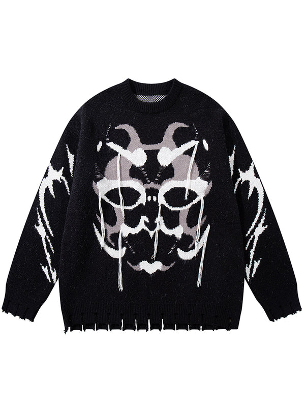 Knitted Sweater with Abstract Face Graphic – Streetwear Pullovers