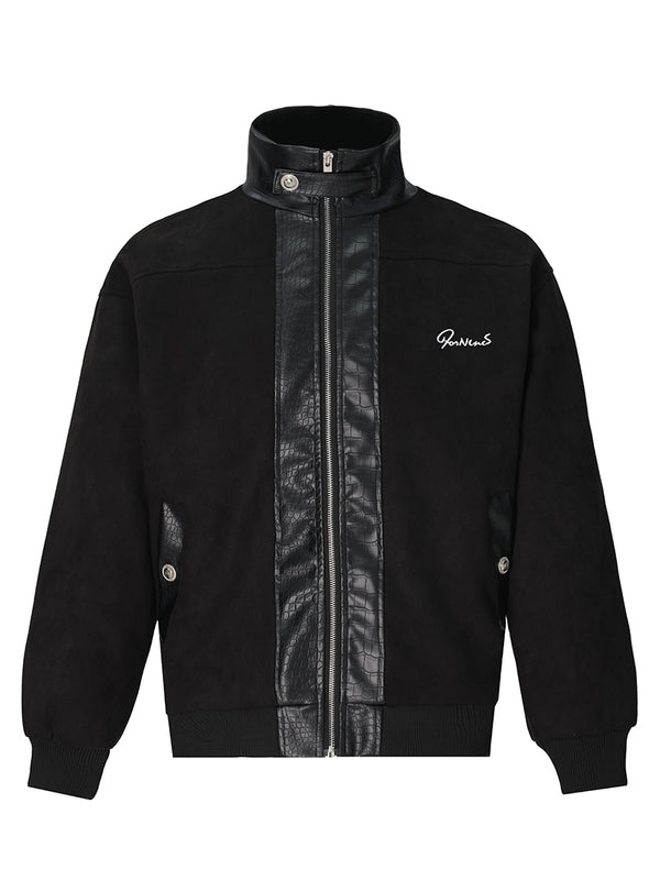Faux Suede Bomber Jacket with Croc-Texture PU Trim – Streetwear