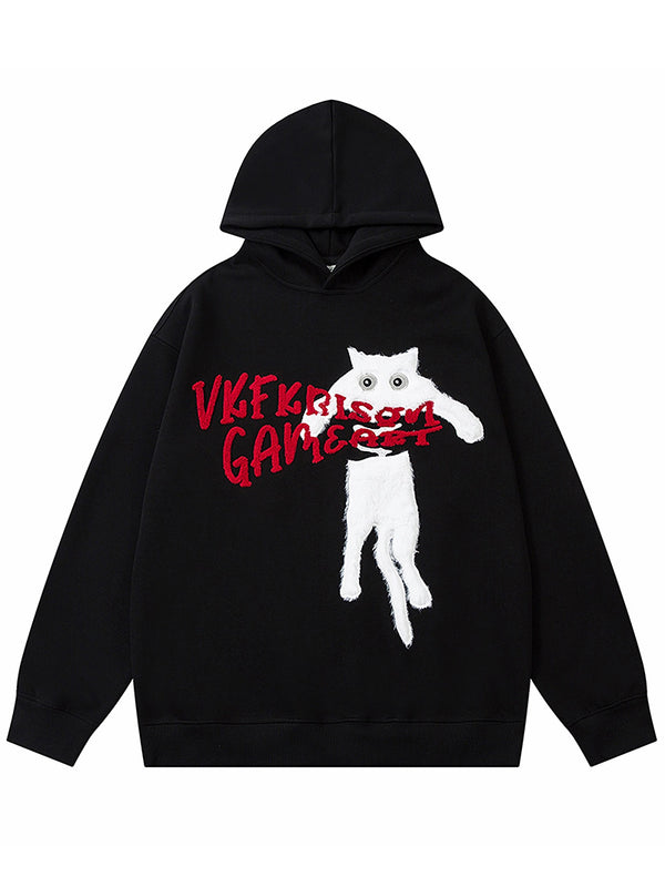 Embroidered Cartoon Cat Pullover Hoodies Streetwear Hooded Sweatshirts