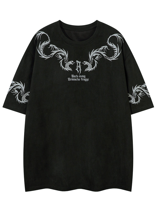Streetwear Suede Tribal Graphic Tee – Printed & Embroidered T-Shirts