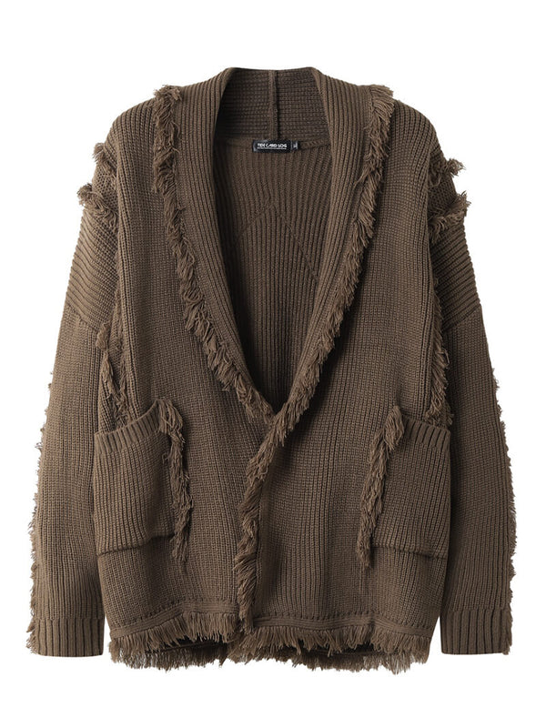 Rough Edge Turndown Collar Open-Front Knitted Cardigans