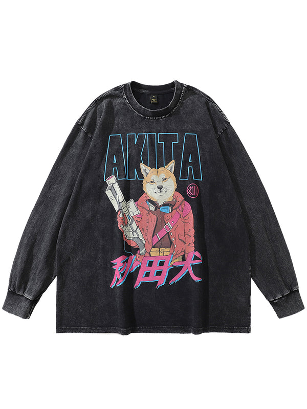 Funny Cartoon Akita Dog Graphic Printed Washed Oversized T-Shirts