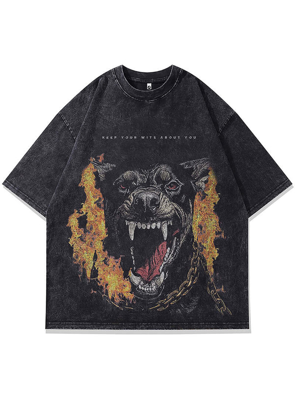 Flame Doberman Dog Graphic Print Punk Gothic Washed Tshirts