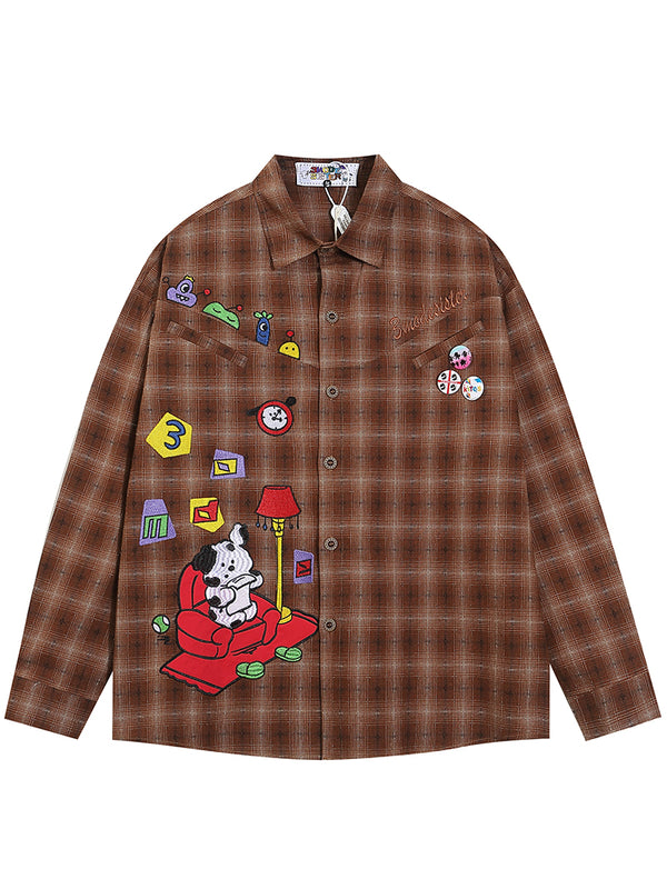 Vintage Plaid Cartoon Embroidery Streetwear Long Sleeve Shirts