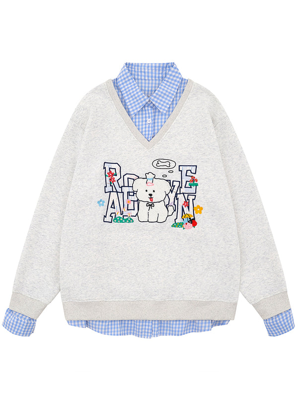 Cute Dog Embroidered Fake Two Piece V-Neck Sweatshirt Pullover Tops