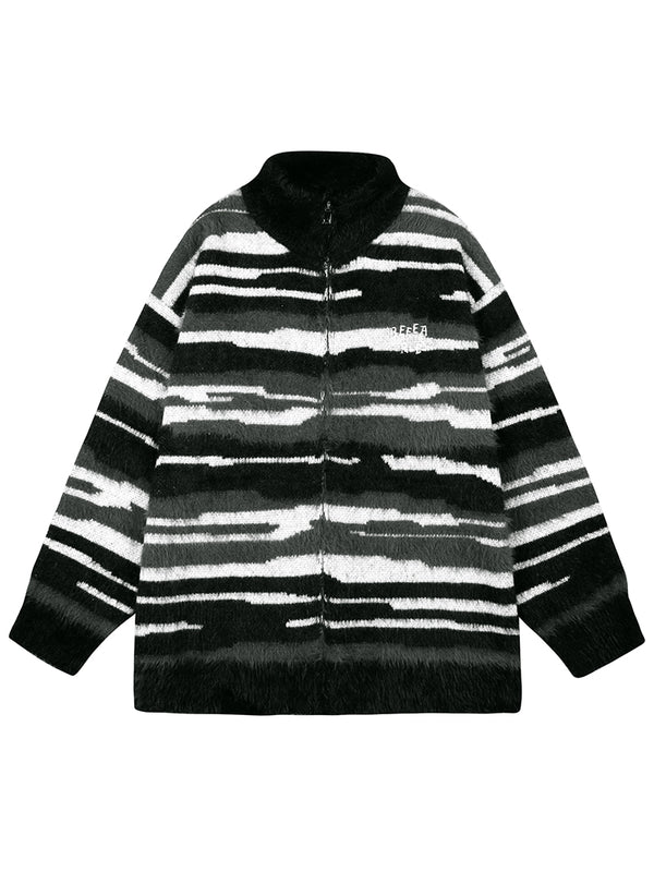 Camouflage Fuzzy Zip Jacket Soft Knitted Sweater Streetwear Outerwear