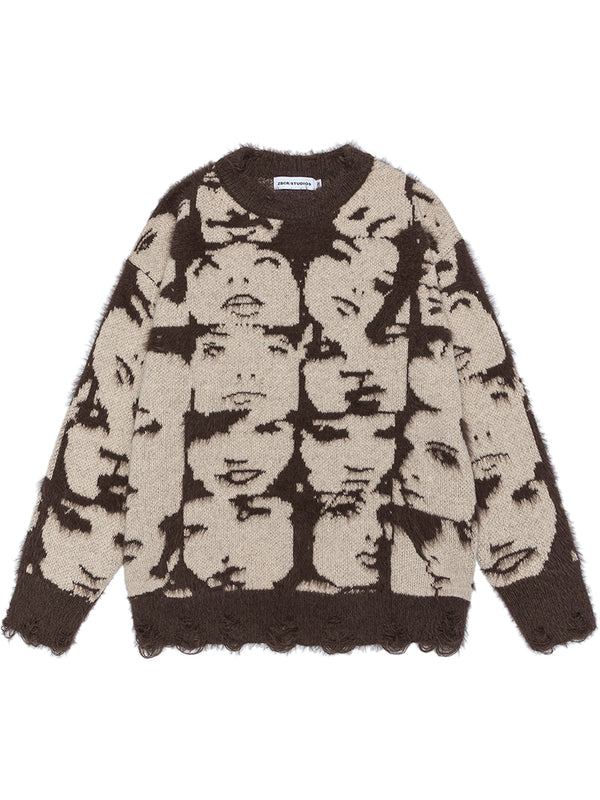 Streetwear Graphic Faces Ripped Knitted Pullover Sweaters