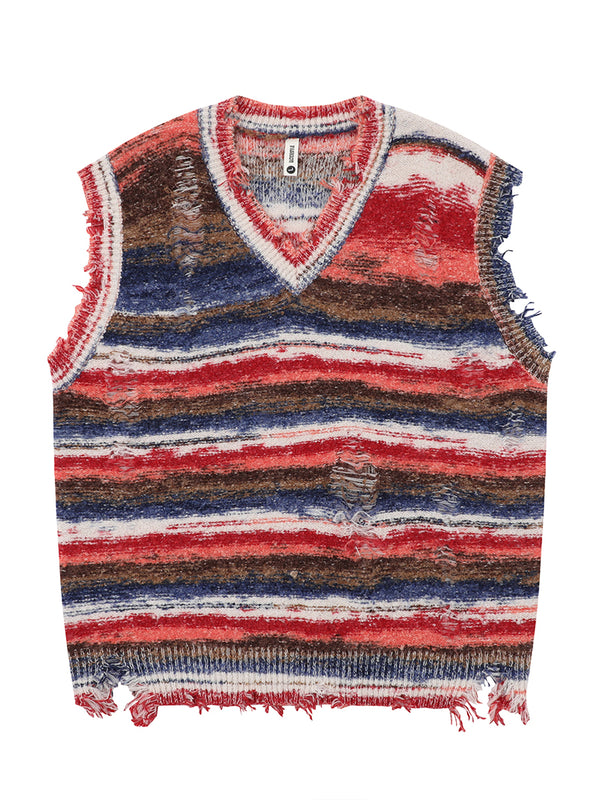Streetwear Distressed Knitted Sweater Vest Striped Sleeveless Pullovers