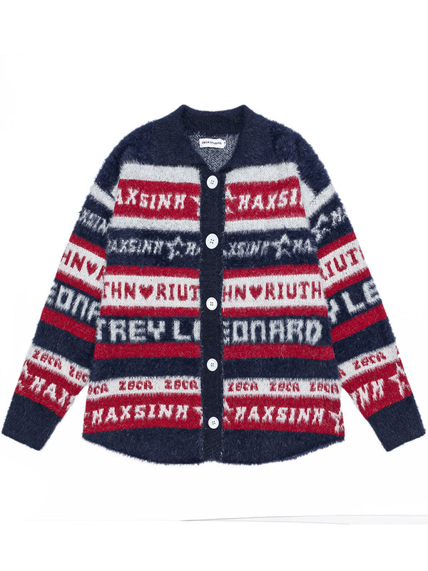 American Streetwear Casual Letter Striped Knitted Cardigan